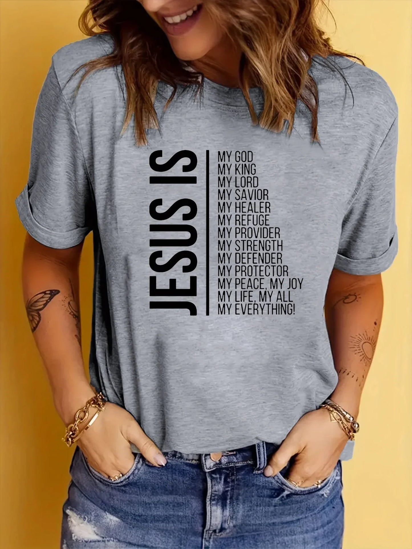 Jesus Is Print Faith Graphic harajuku T-Shirt, Short Sleeve Crew Neck Casual Top For Spring & Summer, Women's Clothing