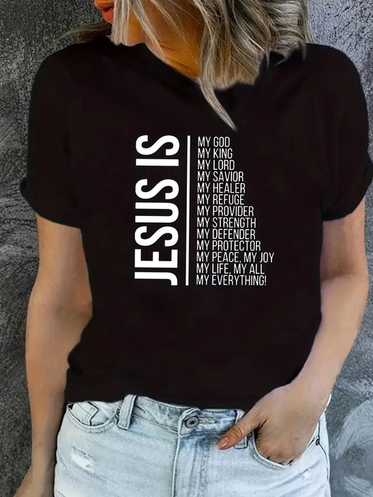 Jesus Is Print Faith Graphic harajuku T-Shirt, Short Sleeve Crew Neck Casual Top For Spring & Summer, Women's Clothing