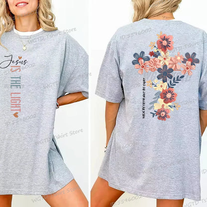 Jesus Is The Light Christian T Shirt Inspirational Floral Cross Vintage T Shirts Women Gift for Christian Religious T Shirts