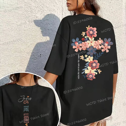 Jesus Is The Light Christian T Shirt Inspirational Floral Cross Vintage T Shirts Women Gift for Christian Religious T Shirts