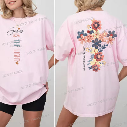 Jesus Is The Light Christian T Shirt Inspirational Floral Cross Vintage T Shirts Women Gift for Christian Religious T Shirts