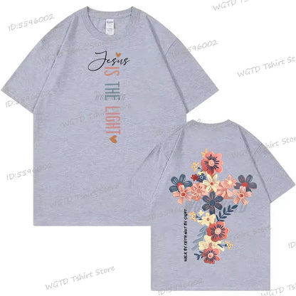 Jesus Is The Light Christian T Shirt Inspirational Floral Cross Vintage T Shirts Women Gift for Christian Religious T Shirts