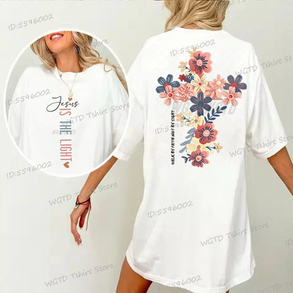 Jesus Is The Light Christian T Shirt Inspirational Floral Cross Vintage T Shirts Women Gift for Christian Religious T Shirts