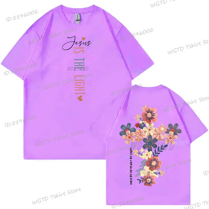 Jesus Is The Light Christian T Shirt Inspirational Floral Cross Vintage T Shirts Women Gift for Christian Religious T Shirts